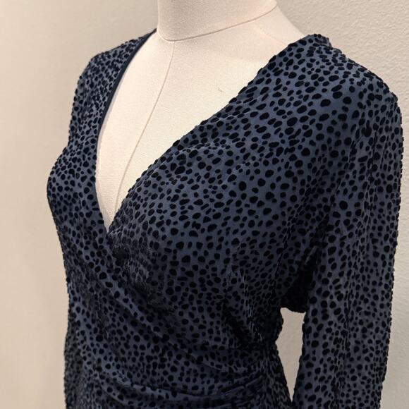 Intermix Silk Blend Velvet Wrap Dress Navy Blue Asymmetrical Whimsigoth 2 Luxe - Picture 4 of 8